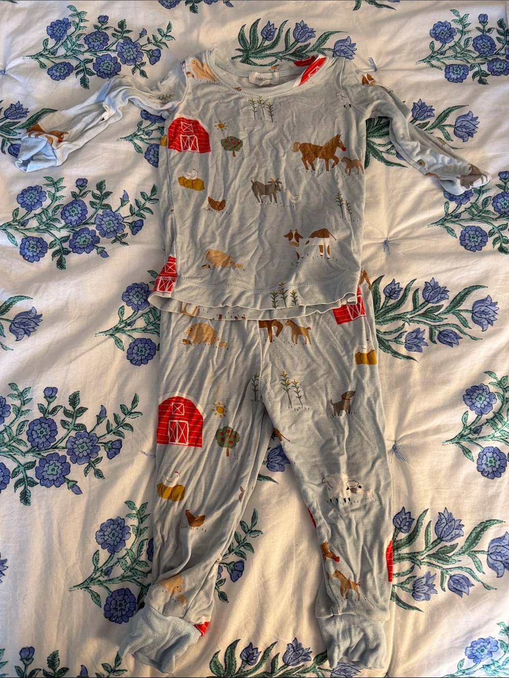 Angel Dear Light Blue Farm Animal Pajama Set with Red Barn Accents